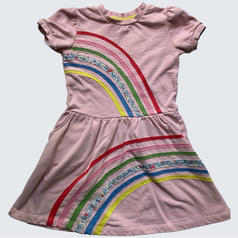 EUC Kids' Mini Boden - Pink cotton dress with pockets and rainbows! Size 11 - 12